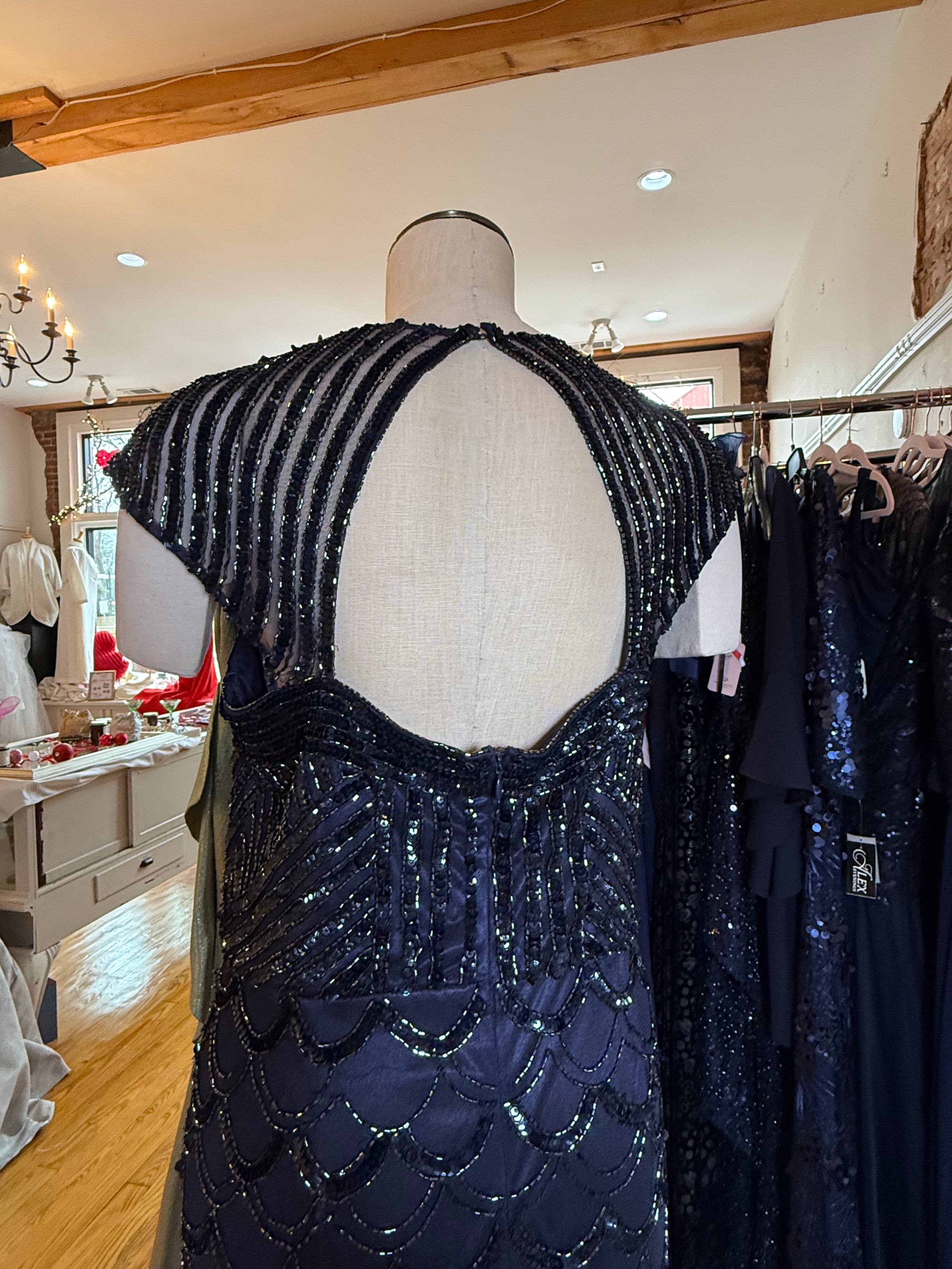 Vintage Cache midnight blue sequin beaded gown