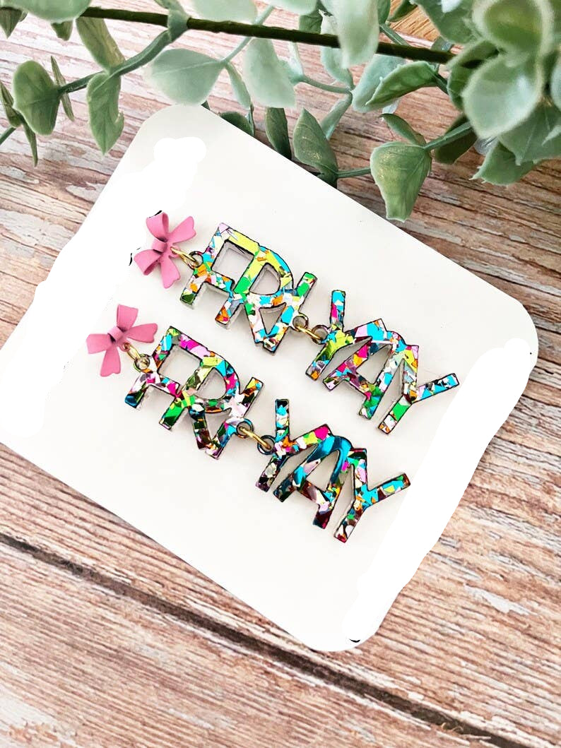 Confetti Acrylic Teacher Earrings: Pink Bow Studs, "Fri Yay" Style