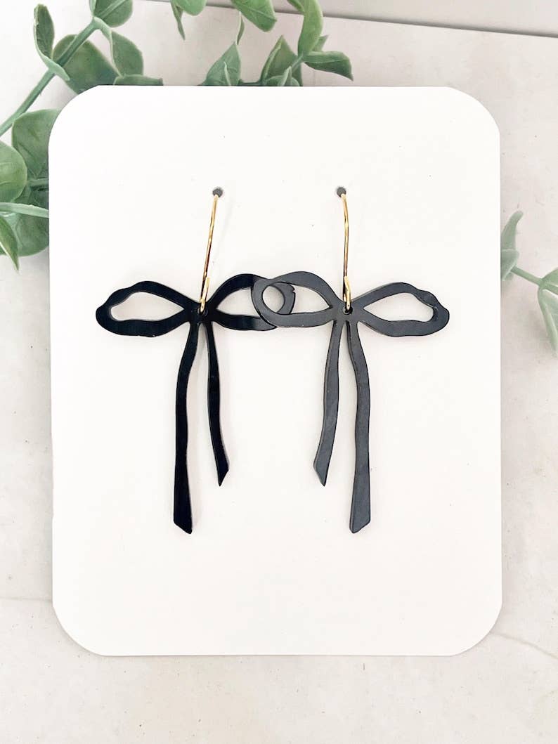 Black Bow Dangle Earrings: Marble Acrylic, Gold Findings
