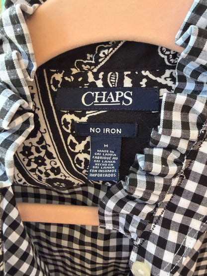 Chaps size M label inside a gingham shirt with bandana-print inner yoke and ruffled collar.