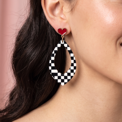 Checkered Dangle Earrings: Black and White Acrylic, Red heart studs