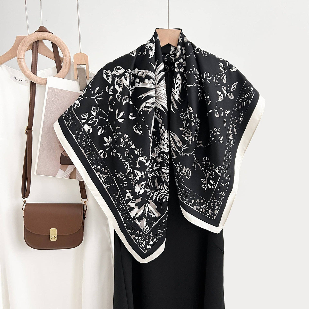 Delaney floral-print square scarf styled at Dover Grace Boutique in Watkinsville, Georgia.