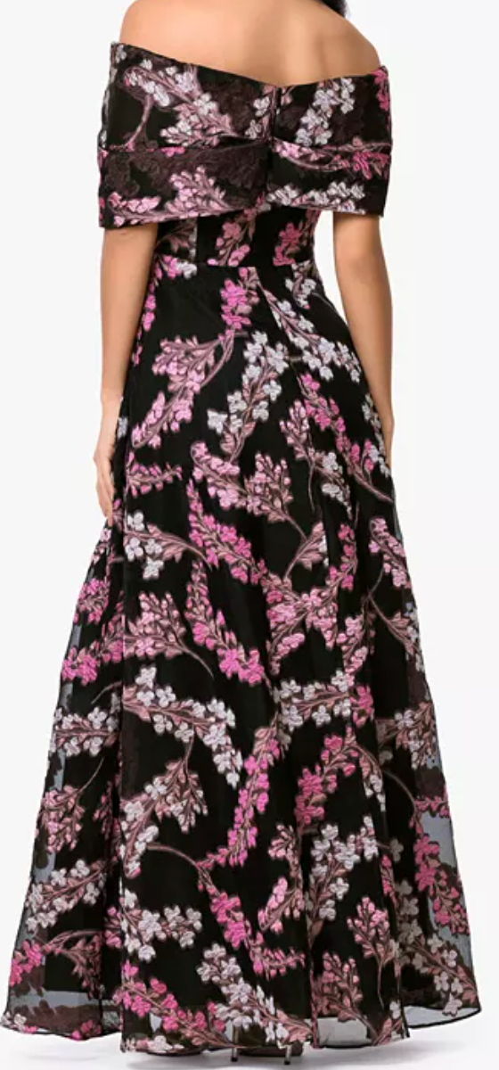 Floral organza brocade off-shoulder gown with pockets at Dover Grace Boutique in Watkinsville, Georgia.