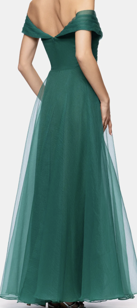 Green off-shoulder tulle fit-and-flare gown at Dover Grace Boutique in Watkinsville, Georgia.