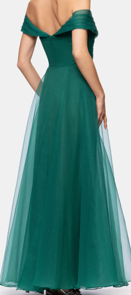 Green off-shoulder tulle fit-and-flare gown at Dover Grace Boutique in Watkinsville, Georgia.