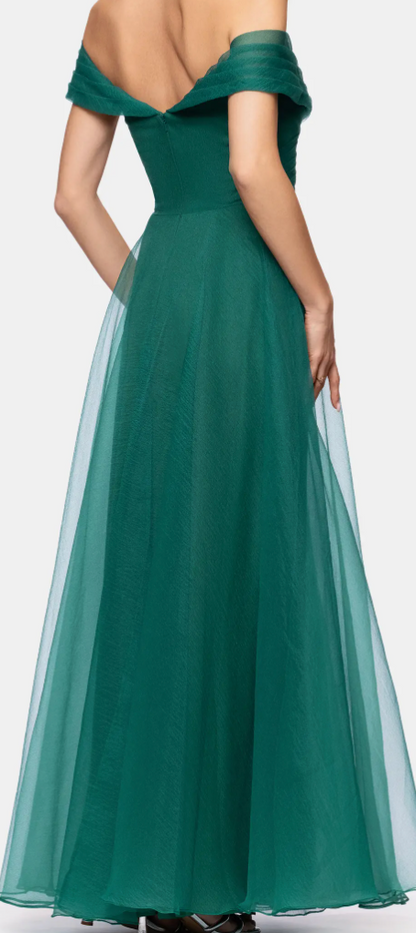 Green off-shoulder tulle fit-and-flare gown at Dover Grace Boutique in Watkinsville, Georgia.