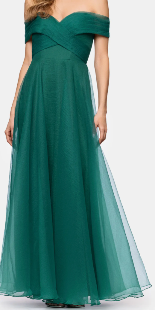 Green off-shoulder tulle fit-and-flare gown at Dover Grace Boutique in Watkinsville, Georgia.