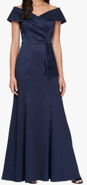 Navy off-shoulder mikado peplum evening gown at Dover Grace Boutique in Watkinsville, Georgia.