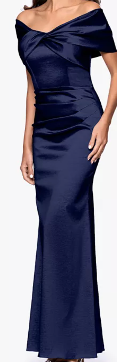 Navy off-shoulder ruched taffeta evening gown at Dover Grace Boutique in Watkinsville, Georgia.