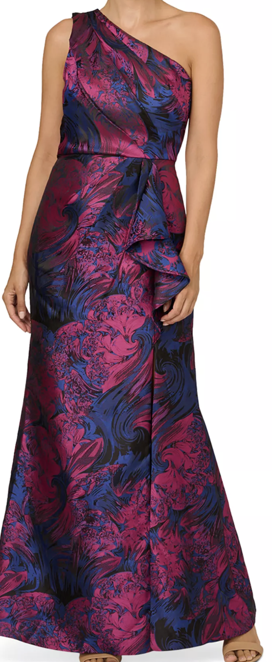 Navy and orchid metallic jacquard one-shoulder mermaid gown at Dover Grace Boutique in Watkinsville, Georgia.
