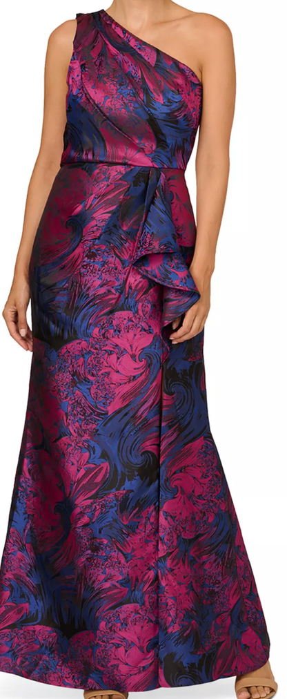 Navy and orchid metallic jacquard one-shoulder mermaid gown at Dover Grace Boutique in Watkinsville, Georgia.