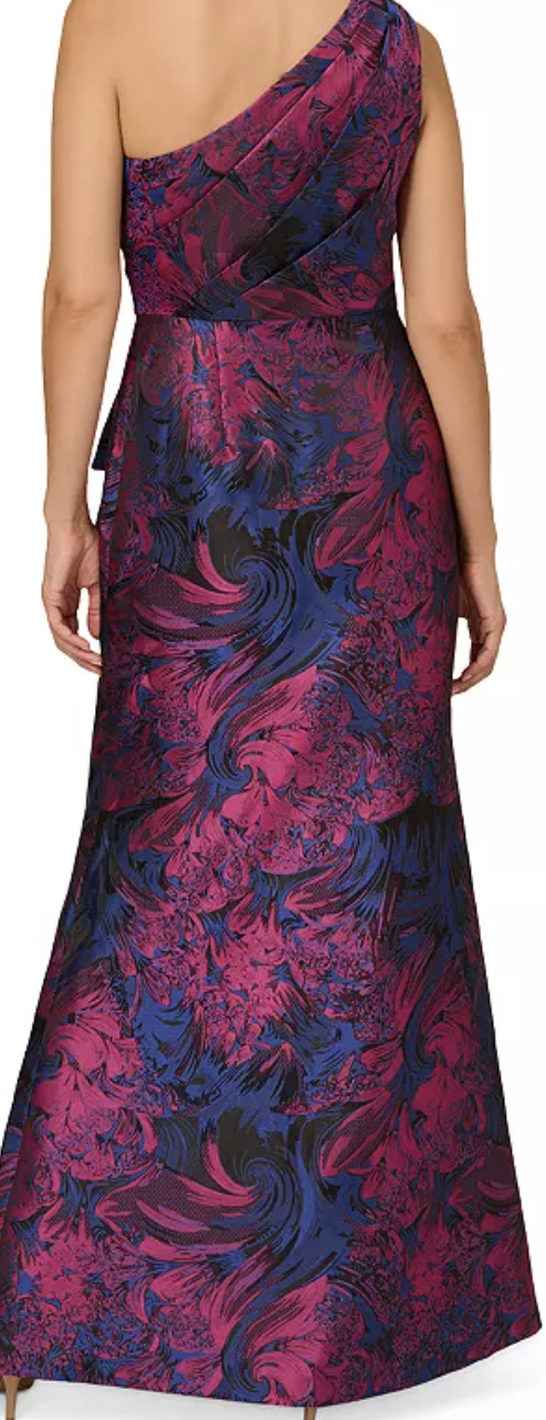 Navy and orchid metallic jacquard one-shoulder mermaid gown at Dover Grace Boutique in Watkinsville, Georgia.