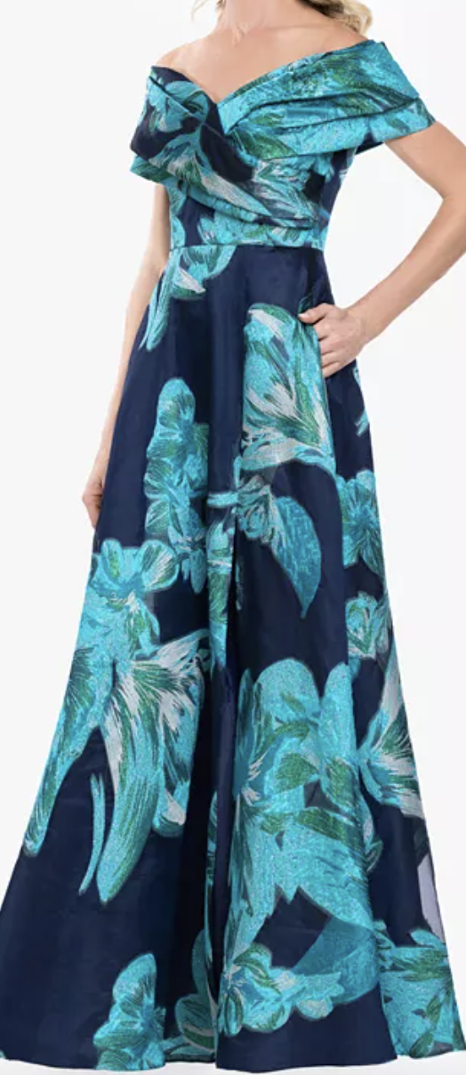 Navy and teal floral jacquard off-shoulder evening gown at Dover Grace Boutique in Watkinsville, Georgia.
