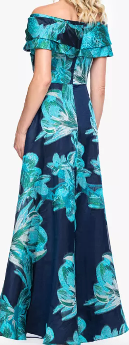 Navy and teal floral jacquard off-shoulder evening gown at Dover Grace Boutique in Watkinsville, Georgia.