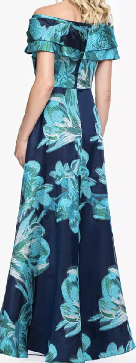 Navy and teal floral jacquard off-shoulder evening gown at Dover Grace Boutique in Watkinsville, Georgia.