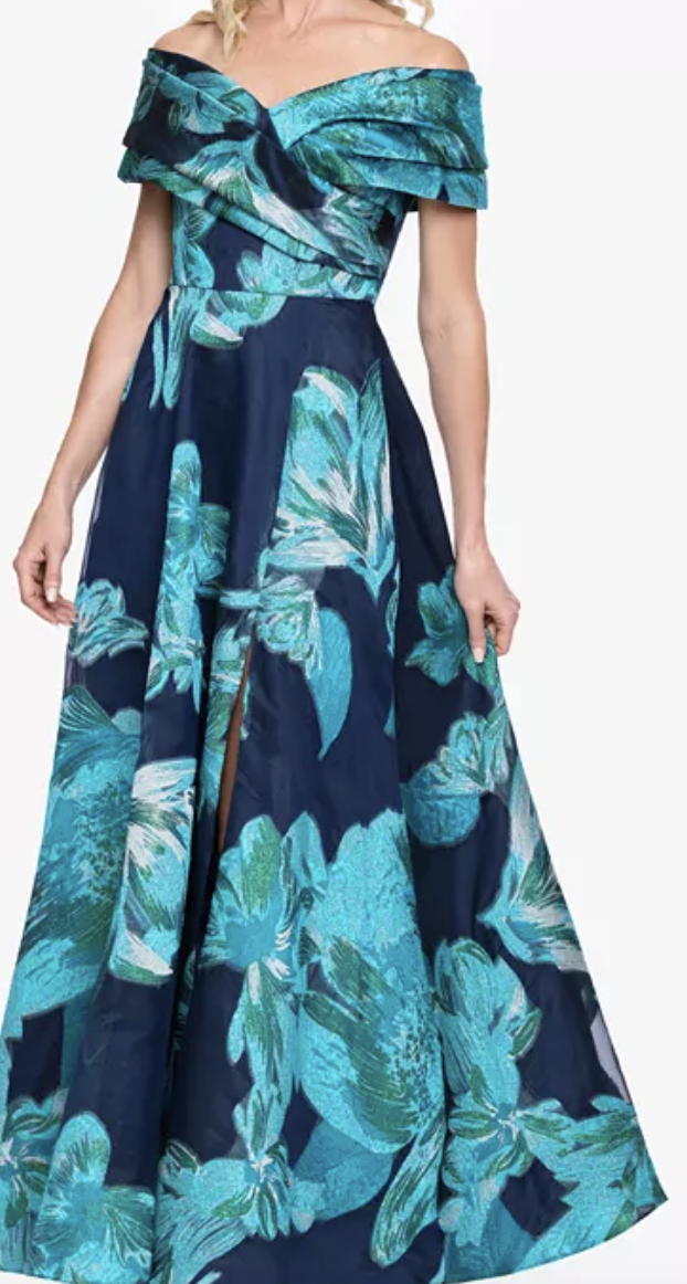 Navy and teal floral jacquard off-shoulder evening gown at Dover Grace Boutique in Watkinsville, Georgia.
