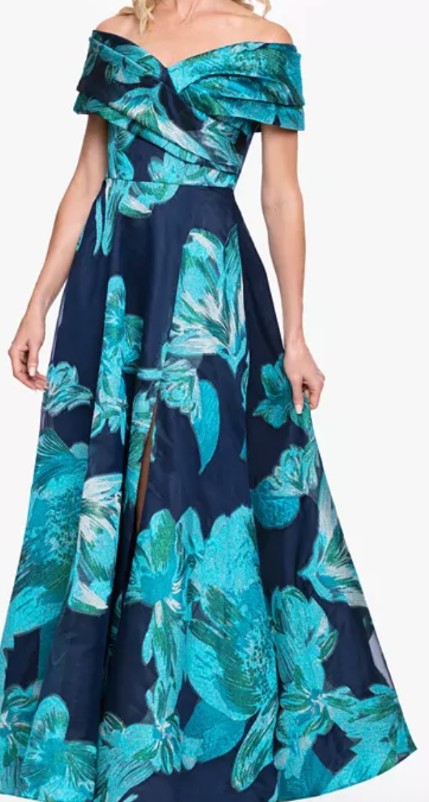 Navy and teal floral jacquard off-shoulder evening gown at Dover Grace Boutique in Watkinsville, Georgia.