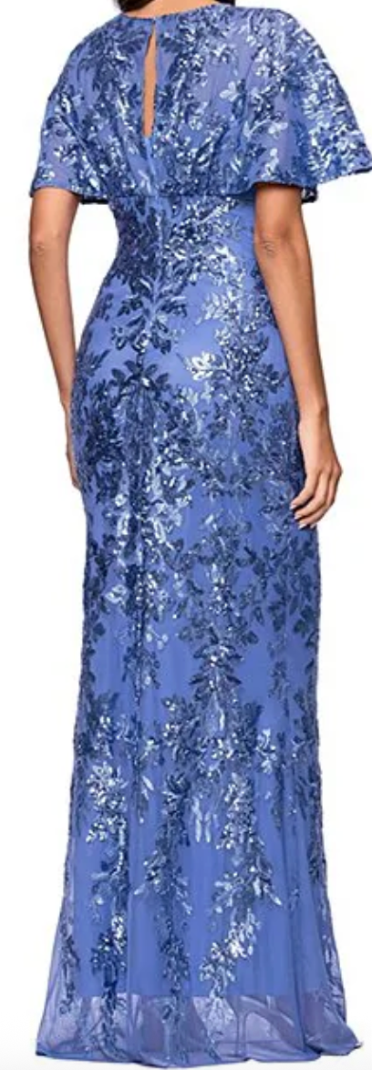 Periwinkle sequin leaf print mesh evening gown with flutter sleeves at Dover Grace Boutique in Watkinsville, Georgia.