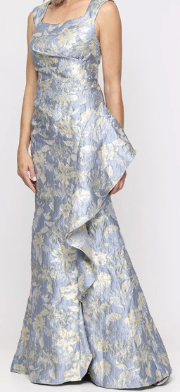 Printed jacquard square neck cascading evening gown at Dover Grace Boutique in Watkinsville, Georgia.