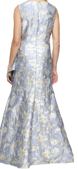Printed jacquard square neck cascading evening gown at Dover Grace Boutique in Watkinsville, Georgia.