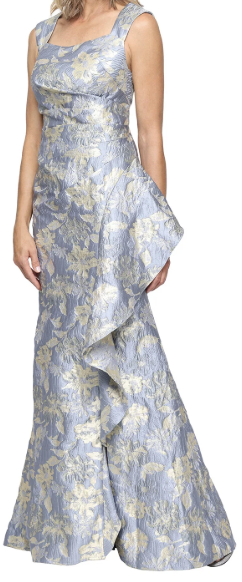Printed jacquard square neck cascading evening gown at Dover Grace Boutique in Watkinsville, Georgia.