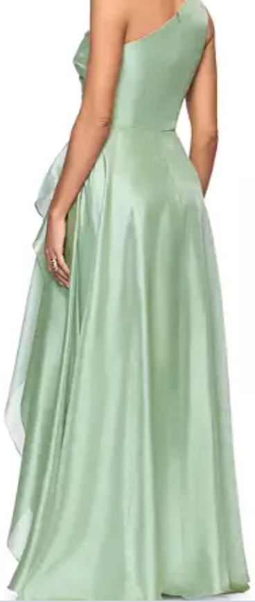 Sage green one-shoulder organza A-line evening gown at Dover Grace Boutique in Watkinsville, Georgia.