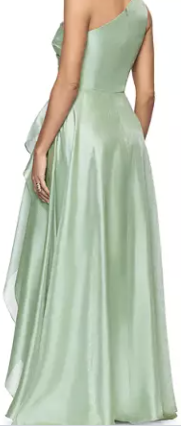 Sage green one-shoulder organza A-line evening gown at Dover Grace Boutique in Watkinsville, Georgia.