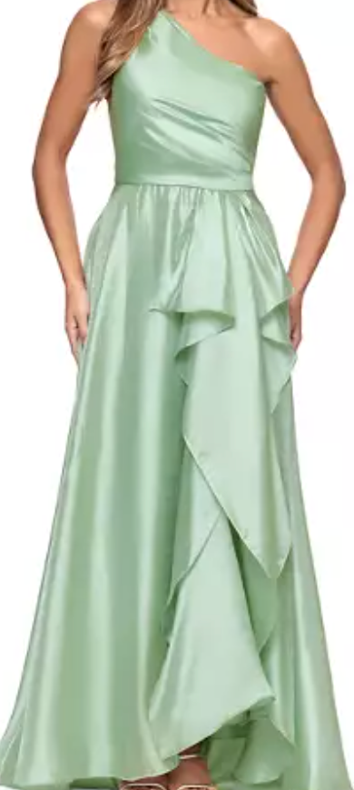 Sage green one-shoulder organza A-line evening gown at Dover Grace Boutique in Watkinsville, Georgia.