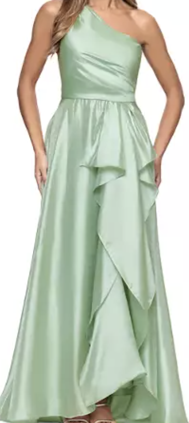 Sage green one-shoulder organza A-line evening gown at Dover Grace Boutique in Watkinsville, Georgia.