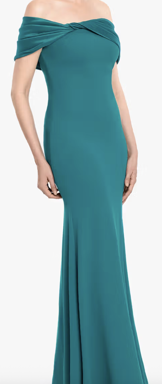 Teal off-shoulder twist sheath evening gown at Dover Grace Boutique in Watkinsville, Georgia.