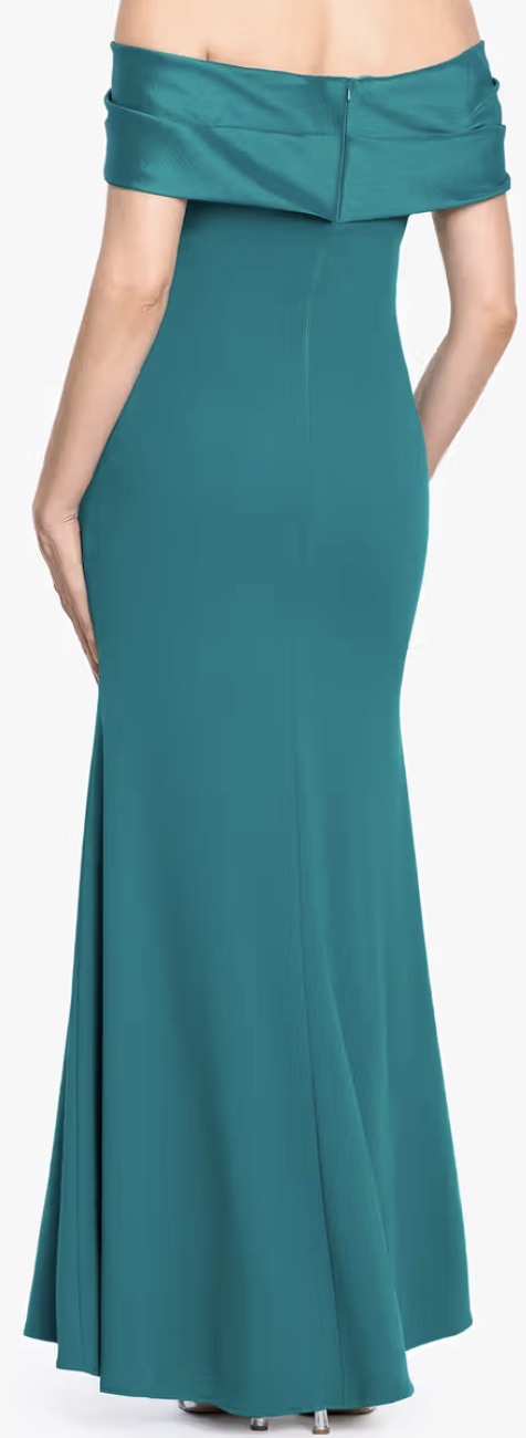 Teal off-shoulder twist sheath evening gown at Dover Grace Boutique in Watkinsville, Georgia.