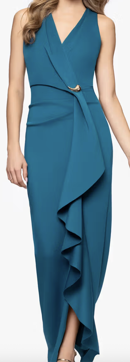 Teal V-neck sheath evening gown with tulip hem at Dover Grace Boutique in Watkinsville, Georgia.