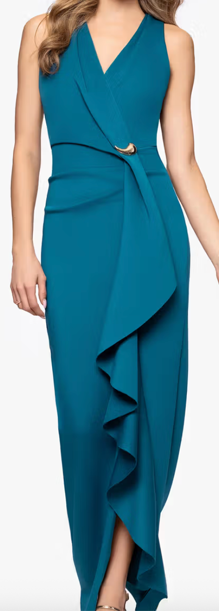 Teal V-neck sheath evening gown with tulip hem at Dover Grace Boutique in Watkinsville, Georgia.