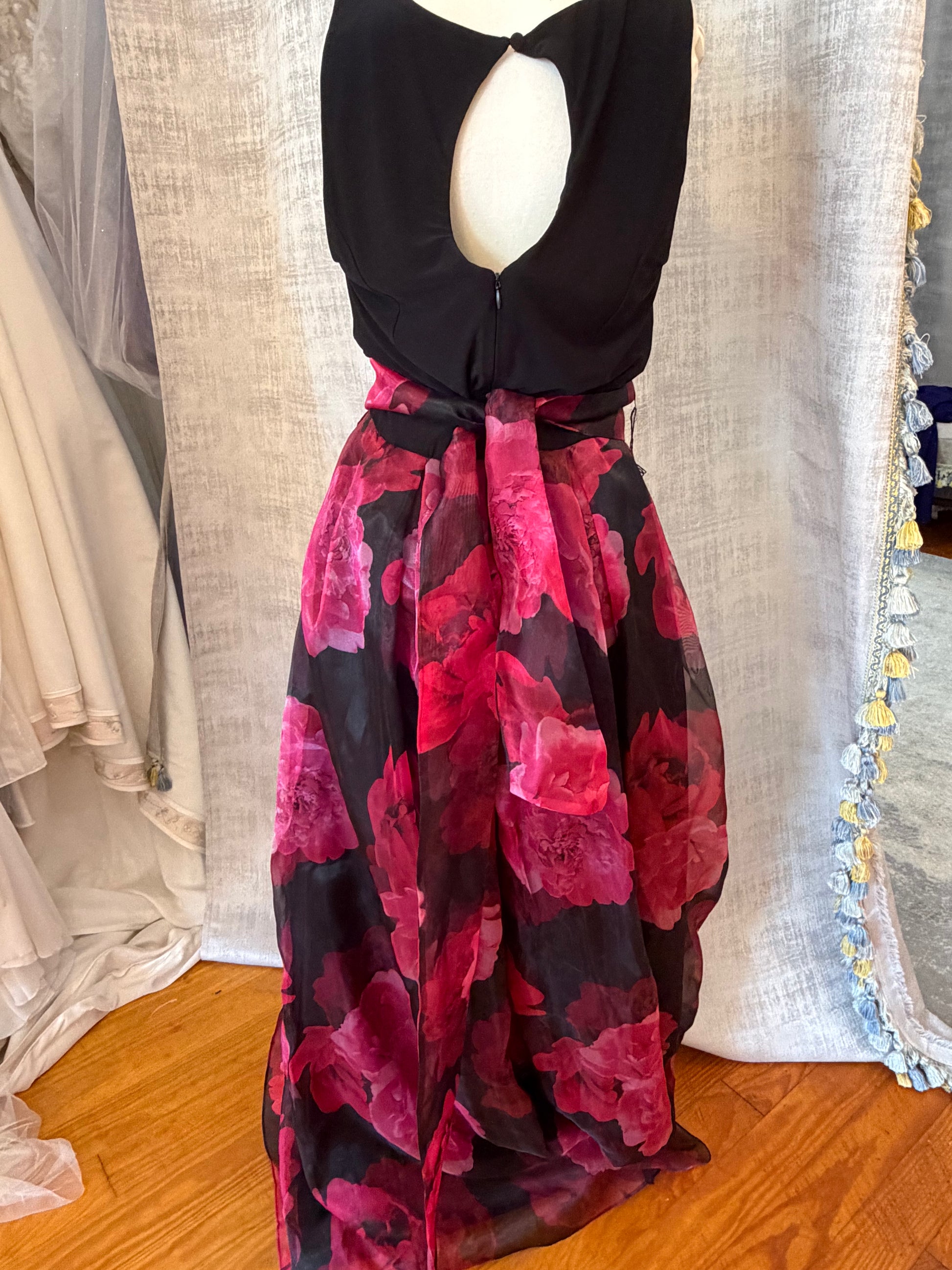 Back full-length view of Eliza J pink floral organza gown, size 12
