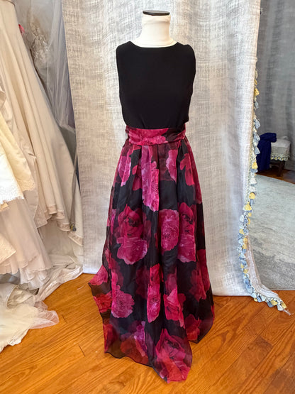 Eliza J black and pink floral organza gown, front full-length view with belt