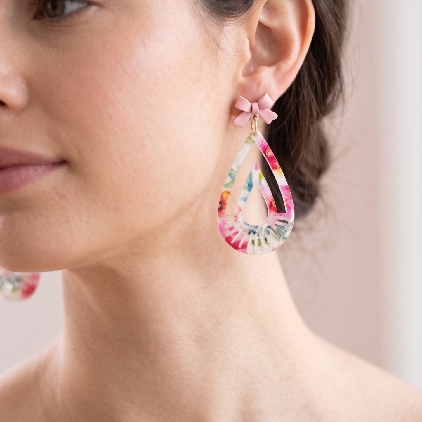 Floral Teardrop Dangle Earrings: Pink Bow Accent