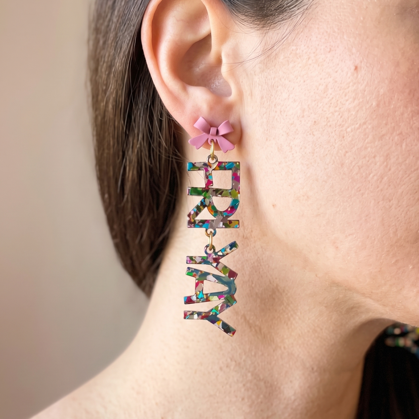 Confetti Acrylic Teacher Earrings: Pink Bow Studs, "Fri Yay" Style