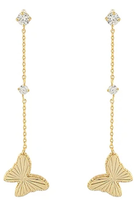 Gold CZ chain butterfly drop earrings with long gold chains and butterfly charms at Dover Grace Boutique in Watkinsville, Georgia.