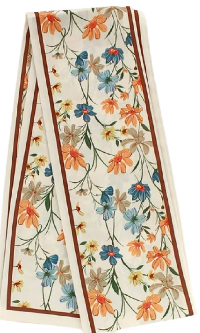 Ivory floral skinny scarf with brown border at Dover Grace Boutique in Watkinsville, Georgia.