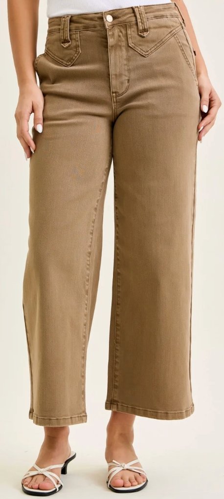 Judy Blue Latte Luxe high rise cropped wide leg jeans in a warm latte wash, front view, at Dover Grace Boutique in Watkinsville, Georgia