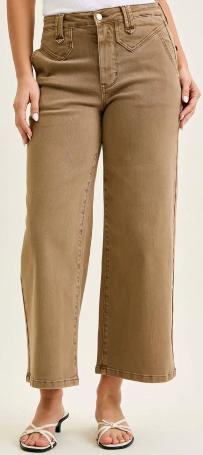 Judy Blue Latte Luxe high rise cropped wide leg jeans in a warm latte wash, front view, at Dover Grace Boutique in Watkinsville, Georgia