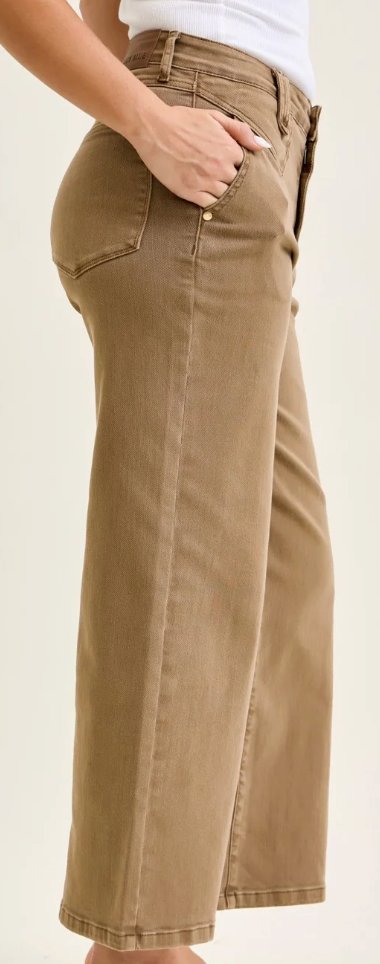 Side view of Judy Blue Latte Luxe cropped wide leg jeans in latte wash showing the high rise waist and clean leg line