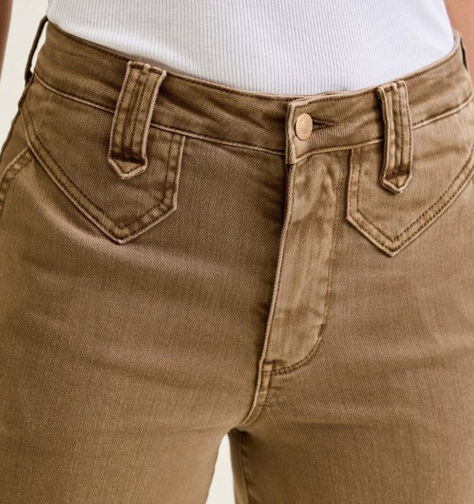 Close-up of Judy Blue Latte Luxe wide leg jeans showing curved front yoke, button and zipper closure, and pocket stitching
