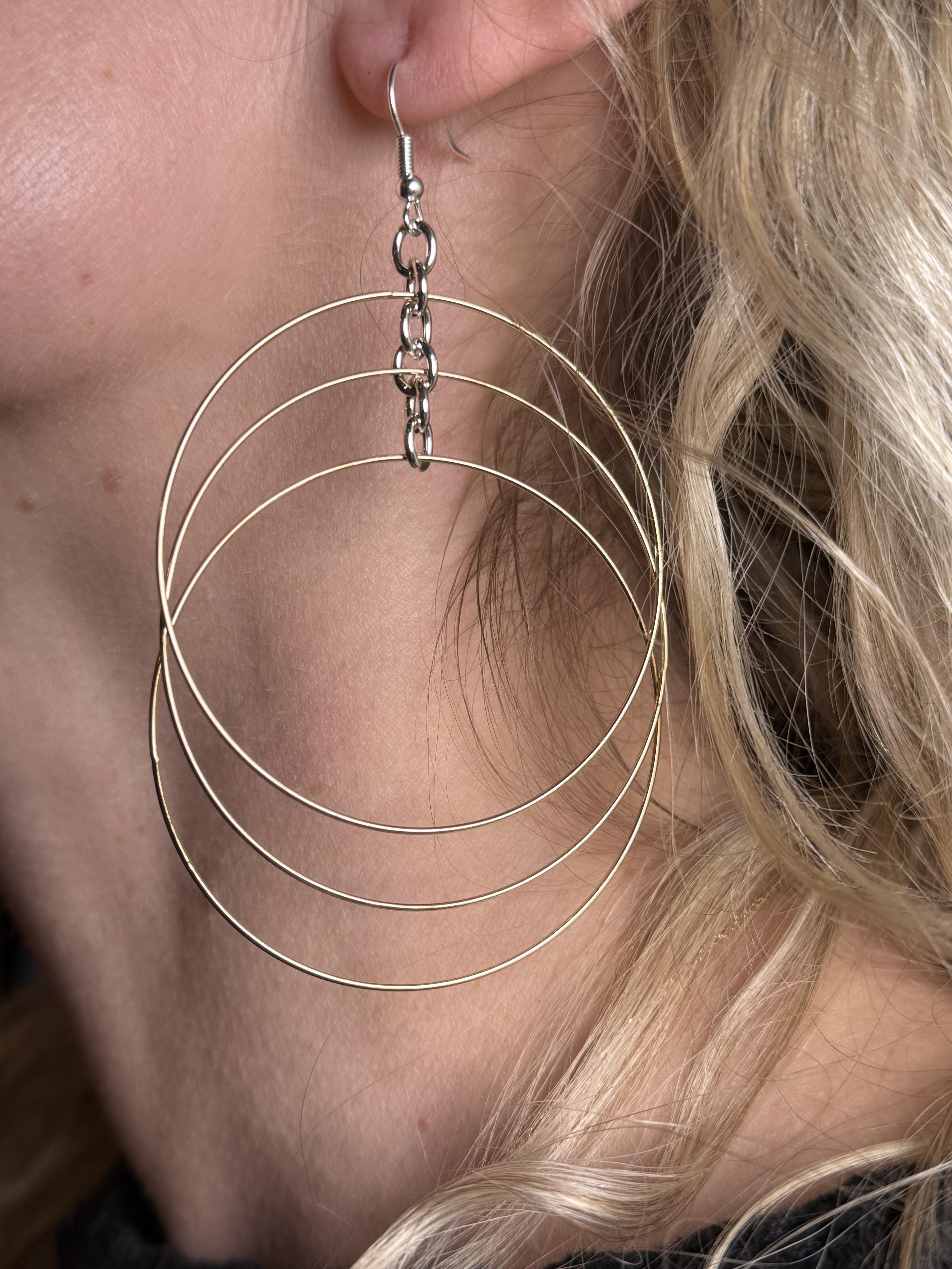 Triple Gold Hoop Drop Earrings with Silver Chain - Large Statement Circle Earrings