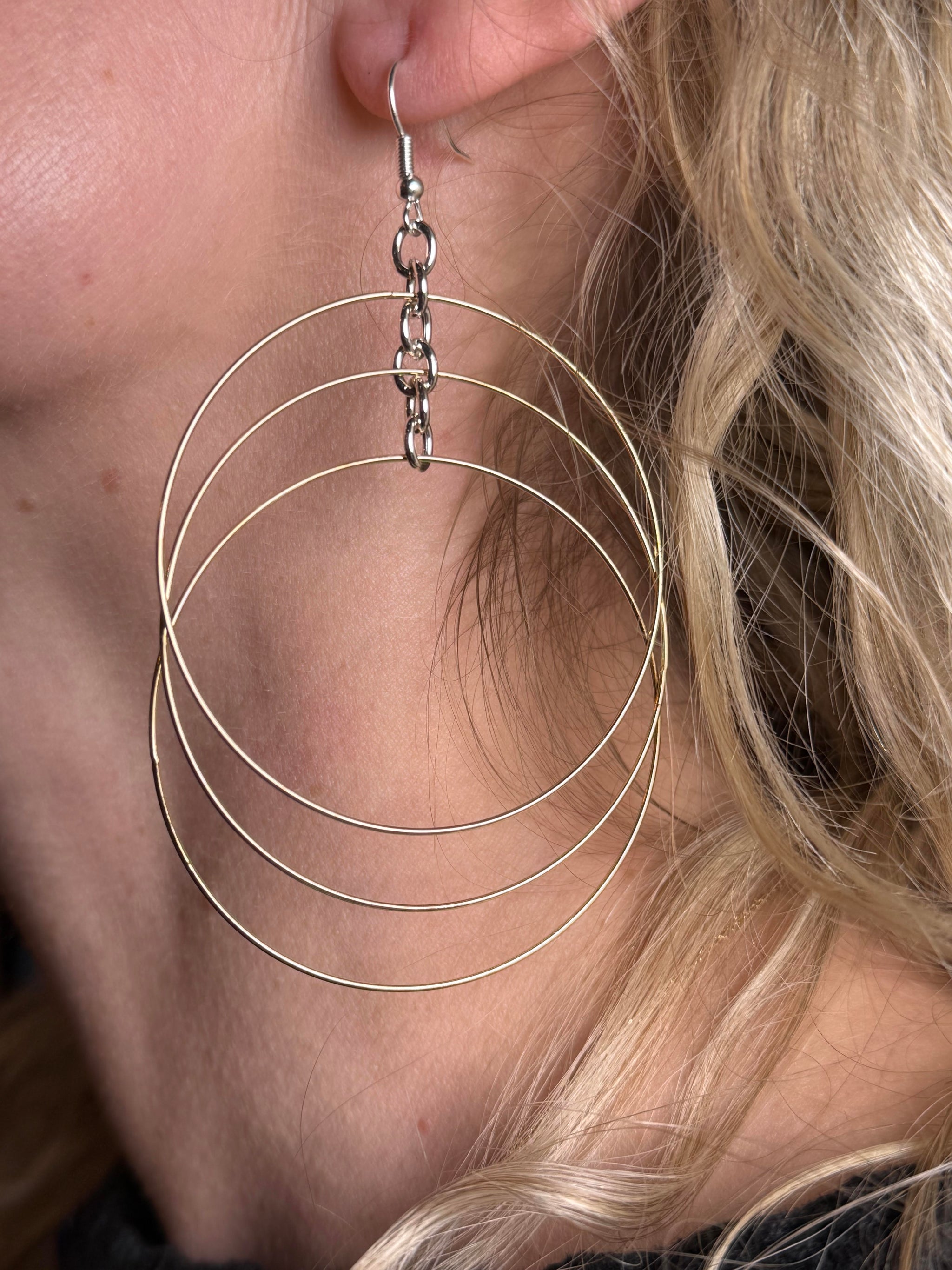 Triple Gold Hoop Drop Earrings with Silver Chain - Large Statement Circle Earrings