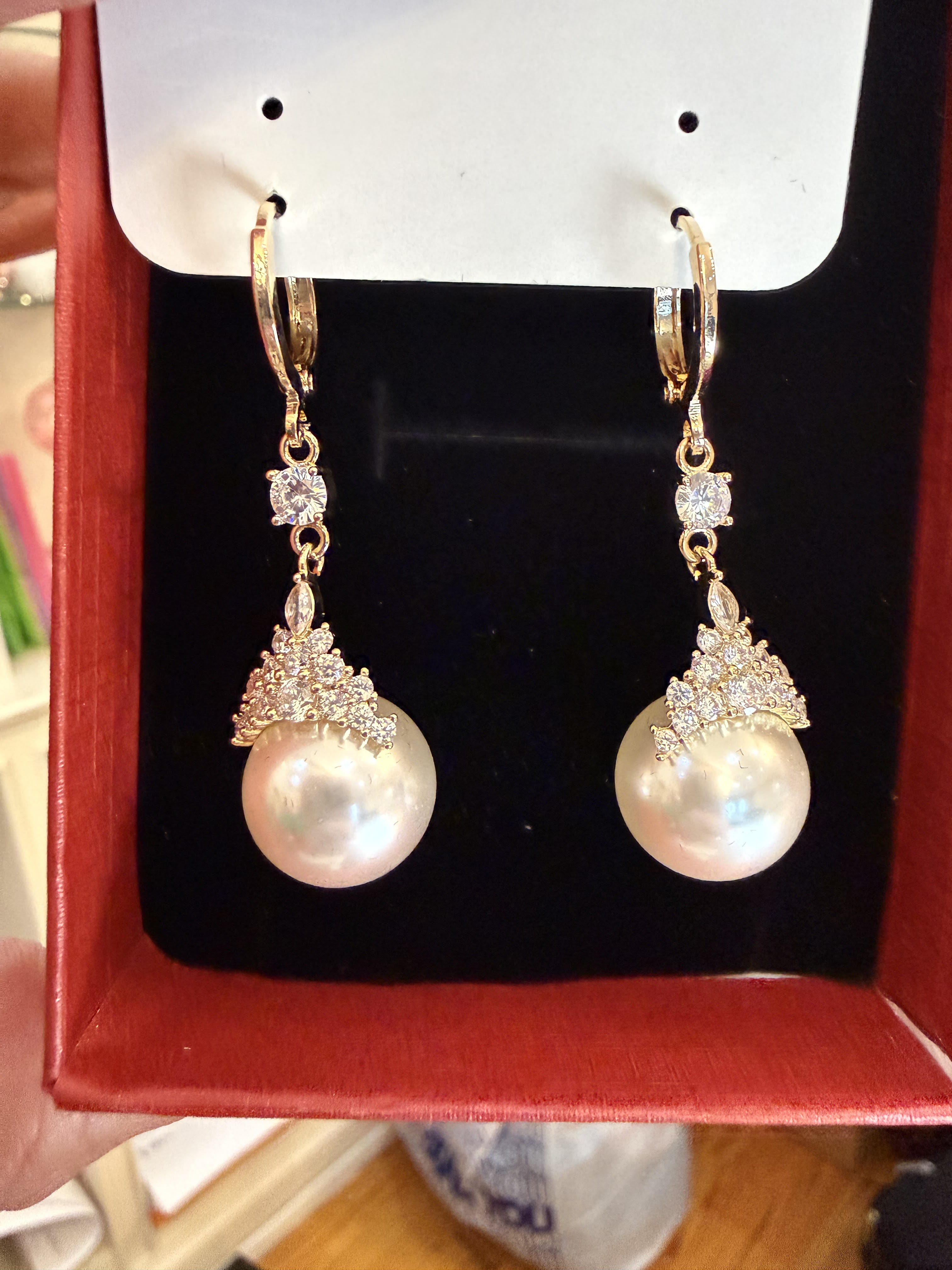 Gold Pearl Drop Earrings with Cubic Zirconia Crown - Elegant Wedding and Special Occasion Earrings