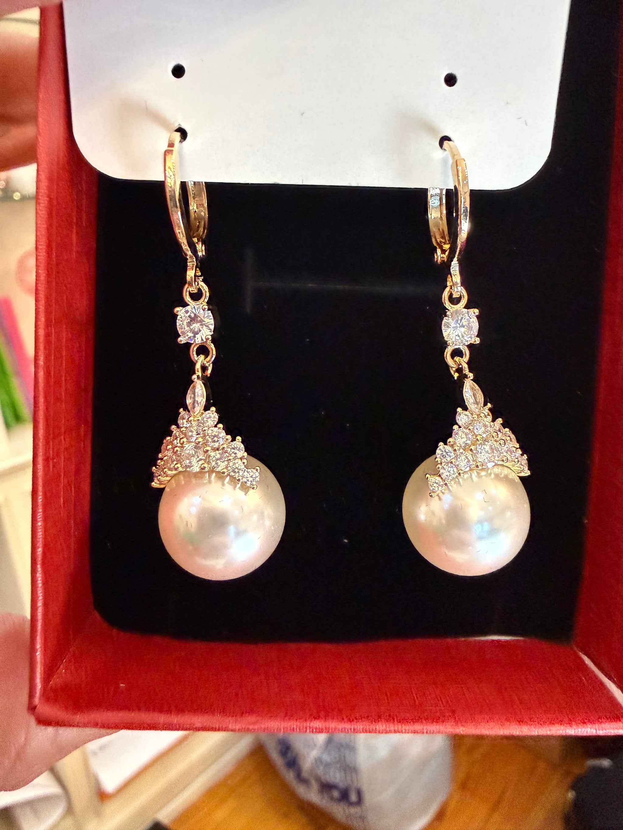 Gold Pearl Drop Earrings with Cubic Zirconia Crown - Elegant Wedding and Special Occasion Earrings
