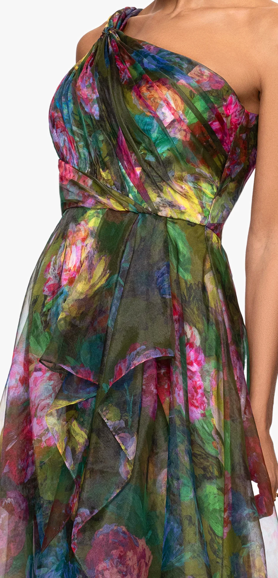Close-up of multicolor floral gown bodice at Dover Grace Boutique in Watkinsville, Georgia.