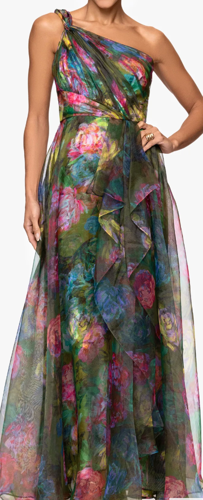 Multicolor floral one-shoulder gown at Dover Grace Boutique in Watkinsville, Georgia.
