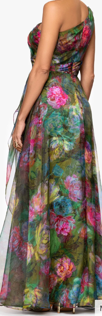 Side view of multicolor floral one-shoulder gown at Dover Grace Boutique in Watkinsville, Georgia.